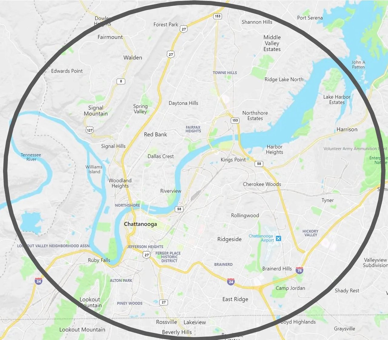 Map of the Pest Tech service area: a roughly 30-minute radius around Chattanooga, Tennessee, covering neighborhoods from Signal Mountain and Walden down to East Ridge and Rossville, and from Lookout Mountain east to Harrison.